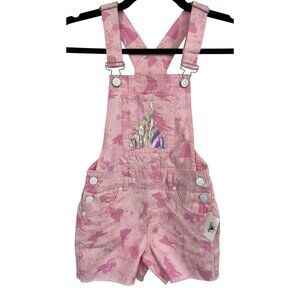 Disney Girls Pink Denim Jeans Overalls Short Size Small Princess Castle NWT New